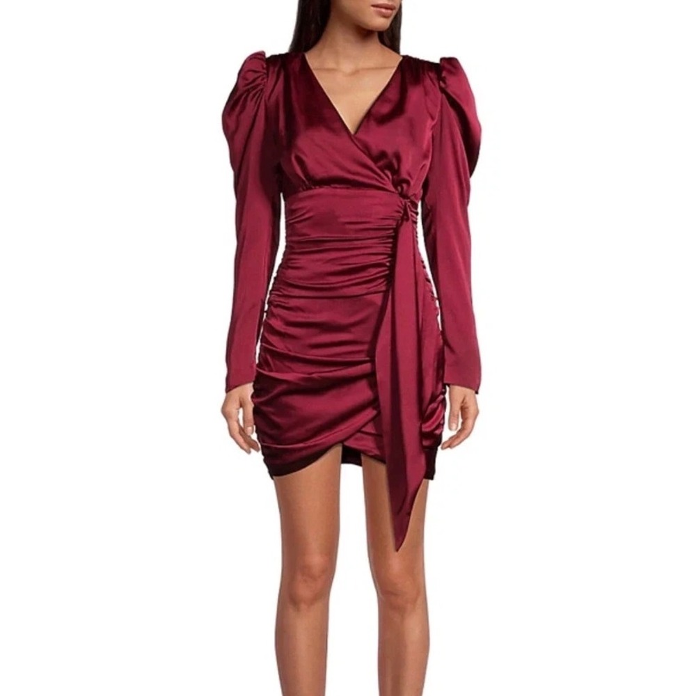 Lavish Alice Burgundy Satin wrapped Puff Sleeve Mini Dress Size US 14‎